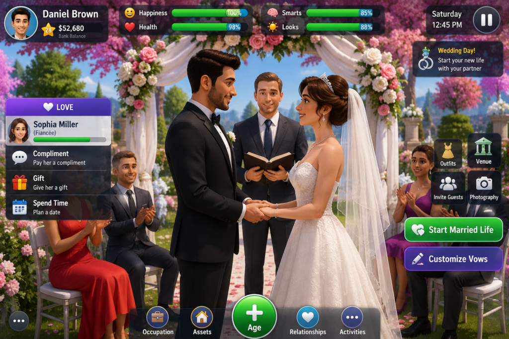 BitLife marriage guide showing a virtual couple getting married